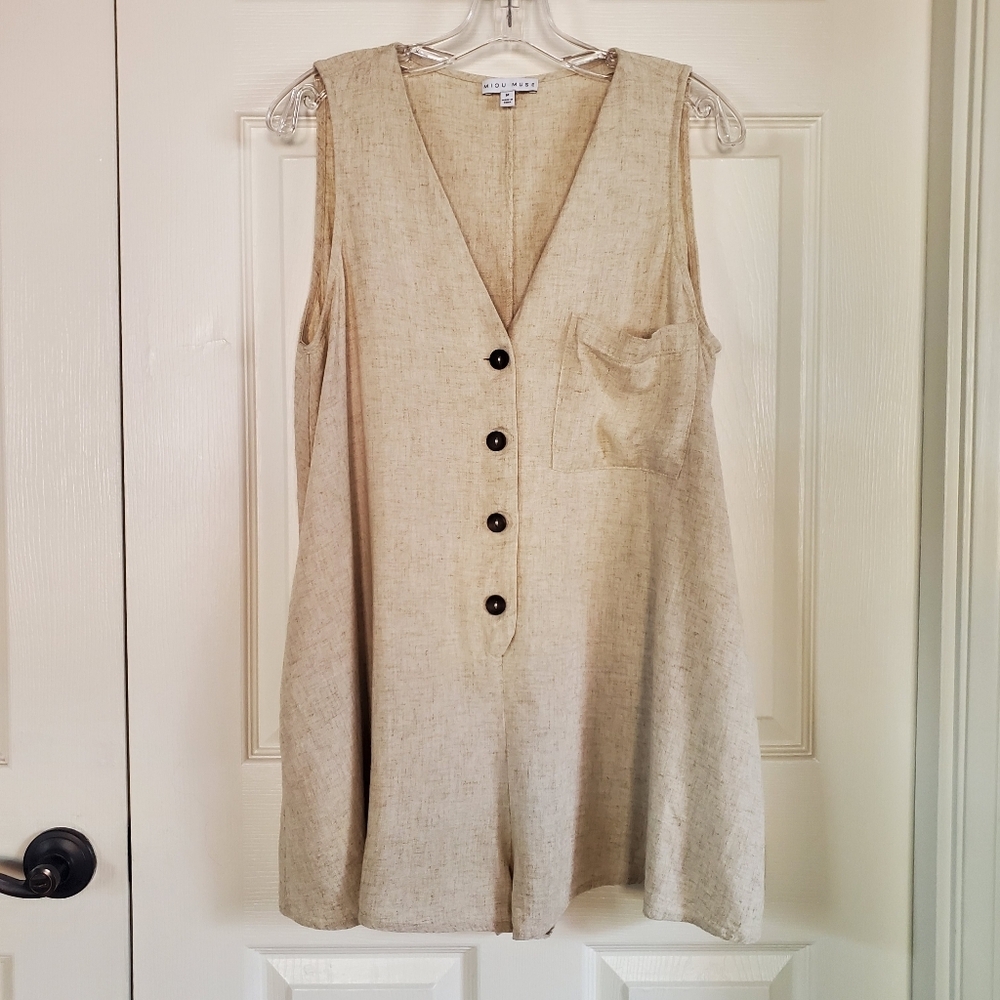 Sleeveless V-Neck Button Front Linen Romper in Beige